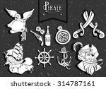 Hand drawing icons set and silhouette pirate adventure: sea, cove, dice, rum, anchor, helm,  sword, compass, portrait of a pirate, ship, revolver, parrot. Calligraphy. 