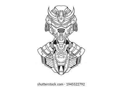 Hand drawing illustration of black white horned skull head oni samurai graphics