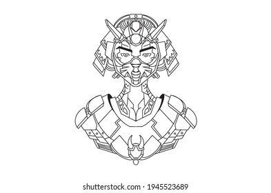 Hand drawing illustration of black white horned samurai helmet samurai 