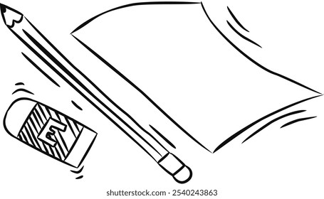 Hand drawing illustration of a blank paper, pencil and eraser back to school. Editable EPS format. Scribbles.