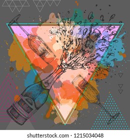 Hand drawing illustration of champagne bottle and glass with splash on artistic polygon watercolor background