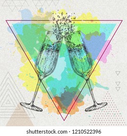 Hand drawing illustration of champagne clinking glasses on artistic polygon watercolor background