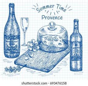 hand drawing illustration of chopping cheese board with grapes, wine, champagne. Provence, summer time.