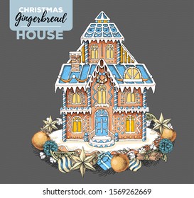 Hand drawing illustration of christmas gingerbread house and holiday wreath. Sweet bakery