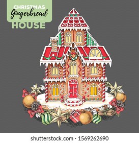 Hand drawing illustration of christmas gingerbread house and holiday wreath. Sweet bakery