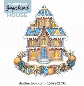 Hand drawing illustration of christmas gingerbread house and holiday wreath. Sweet bakery