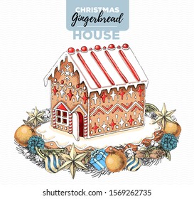 Hand drawing illustration of christmas gingerbread house and holiday wreath. Sweet bakery