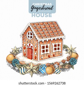 Hand drawing illustration of christmas gingerbread house and holiday wreath. Sweet bakery
