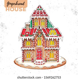 Hand drawing illustration of christmas gingerbread house. Sweet bakery