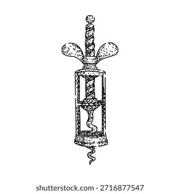 Dibujo a mano ilustración de un sacacorchos clásico, una herramienta esencial para abrir botellas de vino, que representa su diseño mecánico y funcionalidad en un estilo scratch