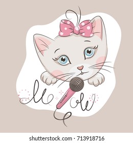 Hand drawing illustration with cute little kitten with ribbon bow  and microphone. Meow. 