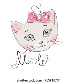 Hand drawing illustration with cute little kitten with ribbon bow. Meow. Isolated