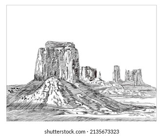 Hand drawing illustration Desert Mountains, Desert panorama landscape, vector illustration. Hand drawn black and white desert with cactuses and rocks. Arizona line sketch.