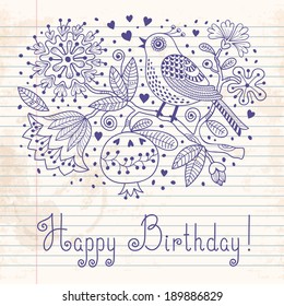Hand drawing illustration. Flowers and birds. Vector.