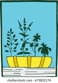 hand drawing illustration in the form of a pot of yellow color with different plants in a rectangular frame on a blue background