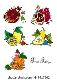 Hand drawing. Illustration of fruits and fruit fairy. Seamless pattern.
