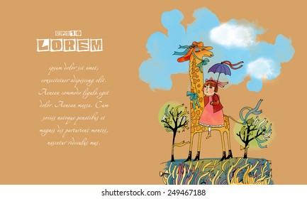  Hand drawing illustration of girl and giraffe. Watercolor vector background