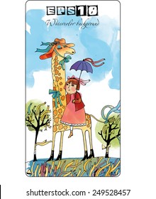 Hand drawing illustration of girl and giraffe. Watercolor vector background for your design