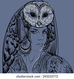 Hand drawing illustration of a girl with a mask of an owl.