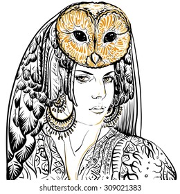 Hand drawing illustration of a girl with a mask of an owl.