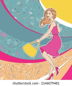 Hand drawing illustration girl with shopping