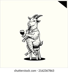 Hand drawing illustration goat gentleman holding wine glass