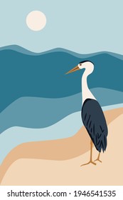 Hand drawing illustration of Grey heron on the beach, abstract sea landscape background vector illustration