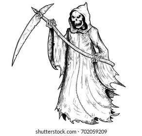 Hand drawing illustration of halloween grim reaper, human skeleton with scythe, personification of death.