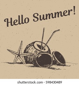 Hand drawing illustration with hello summer inscription text, coconut, sunglasses, starfish on the beach