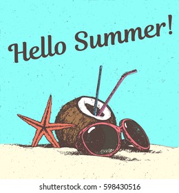 Hand drawing illustration with hello summer inscription text, coconut, sunglasses, red starfish on the beach