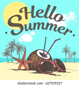 Hand drawing illustration with hello summer inscription text, coconut, sunglasses, red starfish on sandy beach and palms