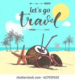Hand drawing illustration with hello summer inscription text, coconut, sunglasses, red starfish on sandy beach and palms