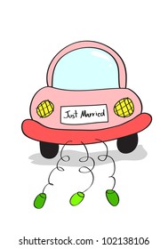Hand drawing illustration of just married on car driving cartoon doodle