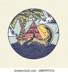 Hand drawing illustration landscape, the concept from summer time vibe and surf board. Design for tshirt design or merchandise
