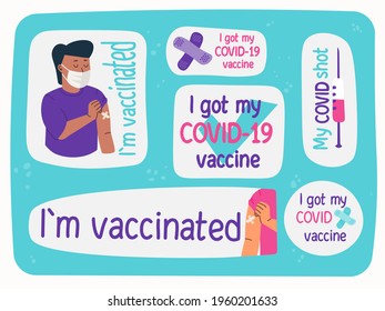 Hand drawing illustration and lettering COVID vaccination concept. Anti-covid, I got my COVID vaccine, I did it, I am vaccinated, My COVID shot. Cute colorful health care stickers.