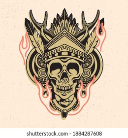 Hand drawing illustration with line art style and high detailed. Skull combination artwork.