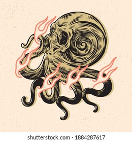 Hand drawing illustration with line art style and high detailed. Skull combination artwork.