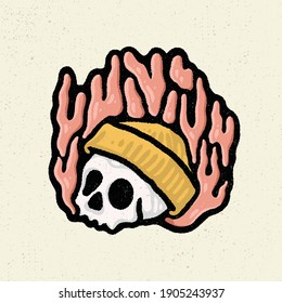 Hand drawing illustration with line art style and high detailed. Skull combination with peace, summer, viking, camera, wings, pencil, wine, coffee, and lights.