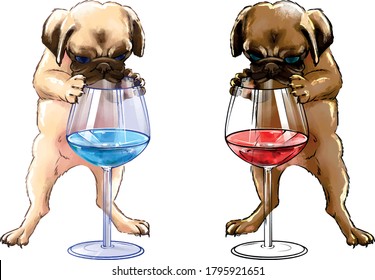 Hand drawing illustration little puppy of two colors with a glass of wine. A bulldog pug puppy stands on two legs and holds on to a glass of colored water. bulldog puppy looking at water in a glass