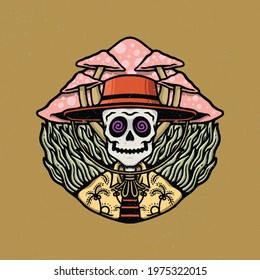 
Hand drawing illustration mushrooms combination artwork  the concept from the mushroom combination and the skull head   psychedelic colors  Design for tshirt design merchandise