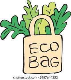 Hand drawing illustration with natural friendly  eco bag. Use reusable bags for shopping