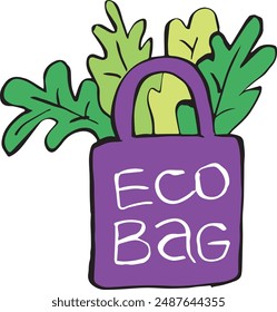 Hand drawing illustration with natural friendly  eco bag. Use reusable bags for shopping