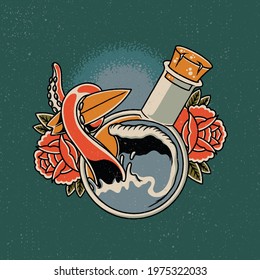 Hand drawing illustration of old school tattoo, the concept from the glass and the bottle combination with drawing inside the bottles. like tentacle, beach landscape, skull. Design for tshirt design