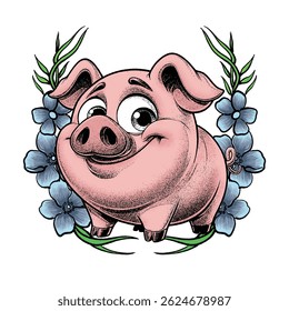 hand drawing illustration pig and flowers logo