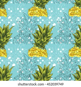 Hand drawing. Illustration of pineapple on a blue background. Seamless pattern.