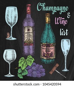 Hand drawing illustration, red wine, champagne, grapes. Provence, summer time on the chalkboard background