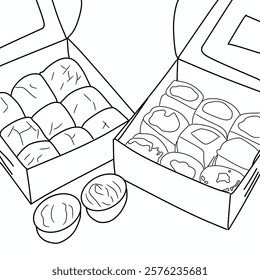 Hand drawing illustration set of cakes Box with synabons. Sweet treat. Bakery.Vector illustration