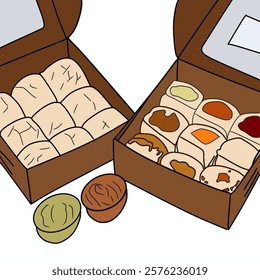 Hand drawing illustration set of cakes Box with synabons. Sweet treat. Bakery.Vector illustration