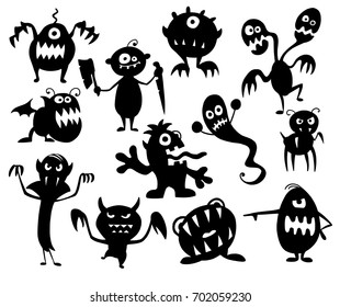 Hand drawing illustration set of cute halloween monster silhouettes.