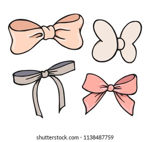 Hand drawing illustration. Set of different decorative pink and lilak bows  on white background.